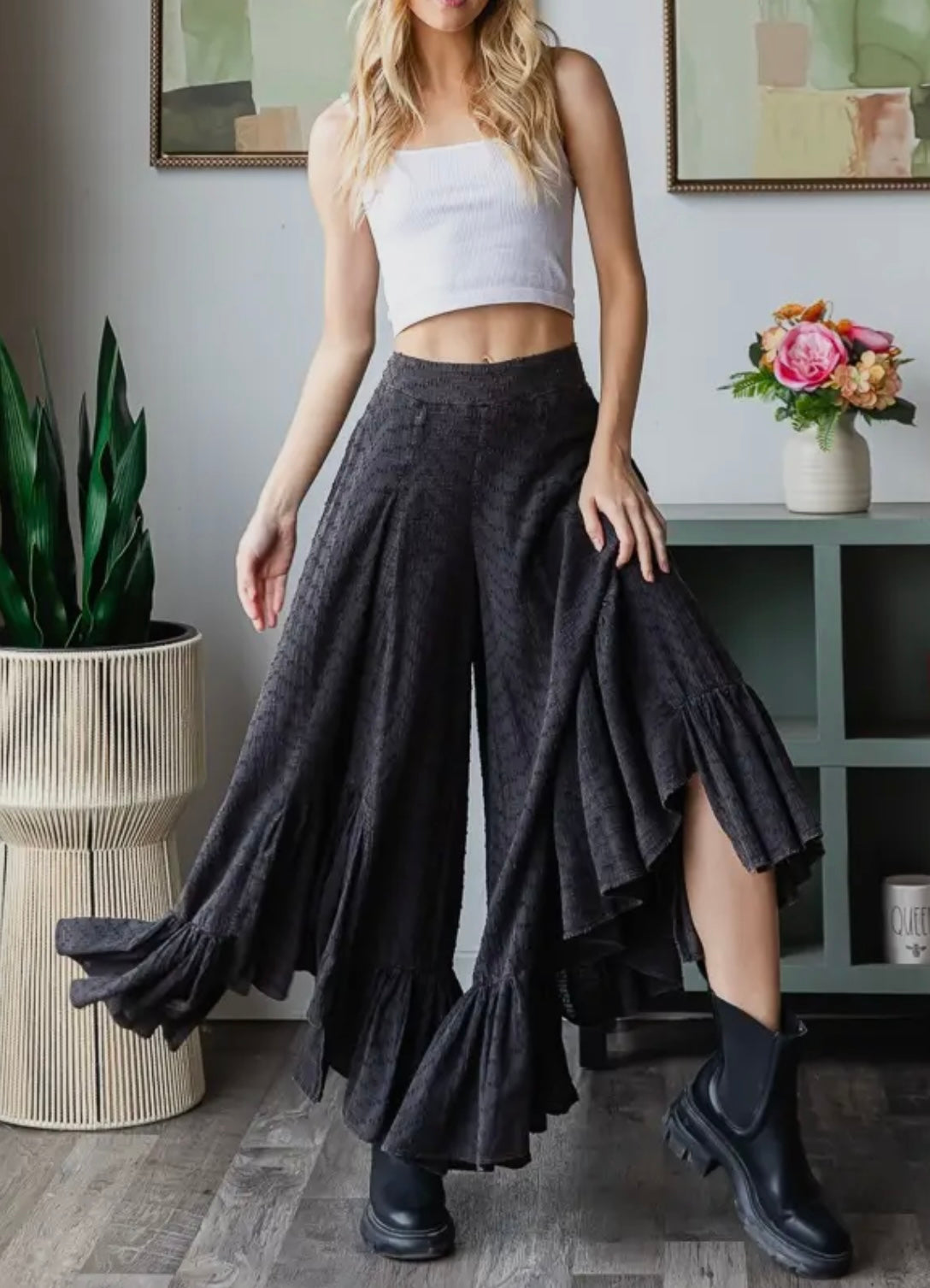 Black Mineral Washed Wide Leg Pants