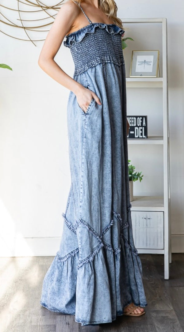 Iris Washed Denim Wide Leg Jumpsuit