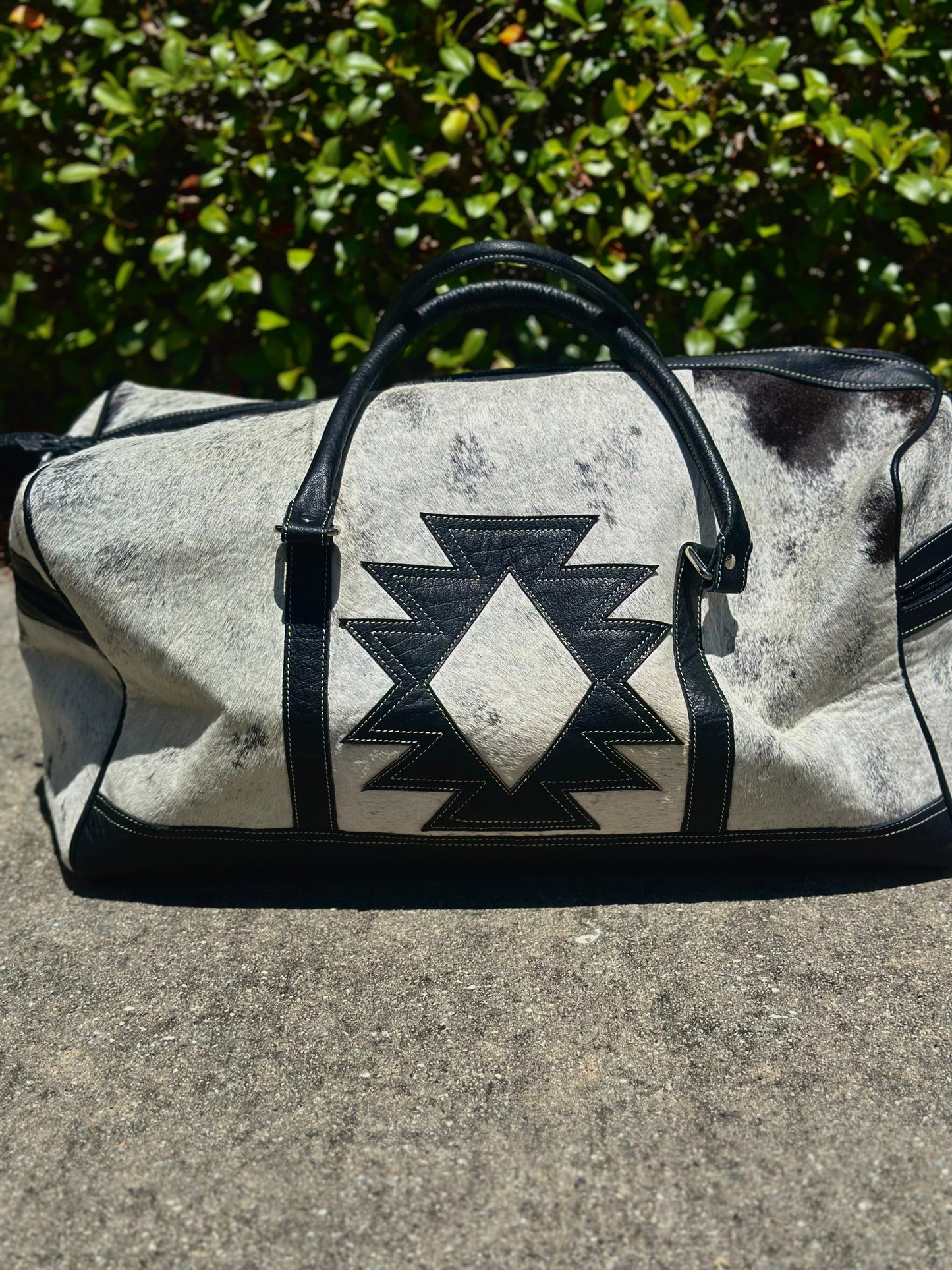 Black and White Aztec Cowhide Duffle Bag