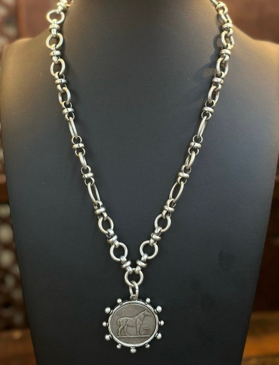 925 Silver Plated Horse Coin Necklace