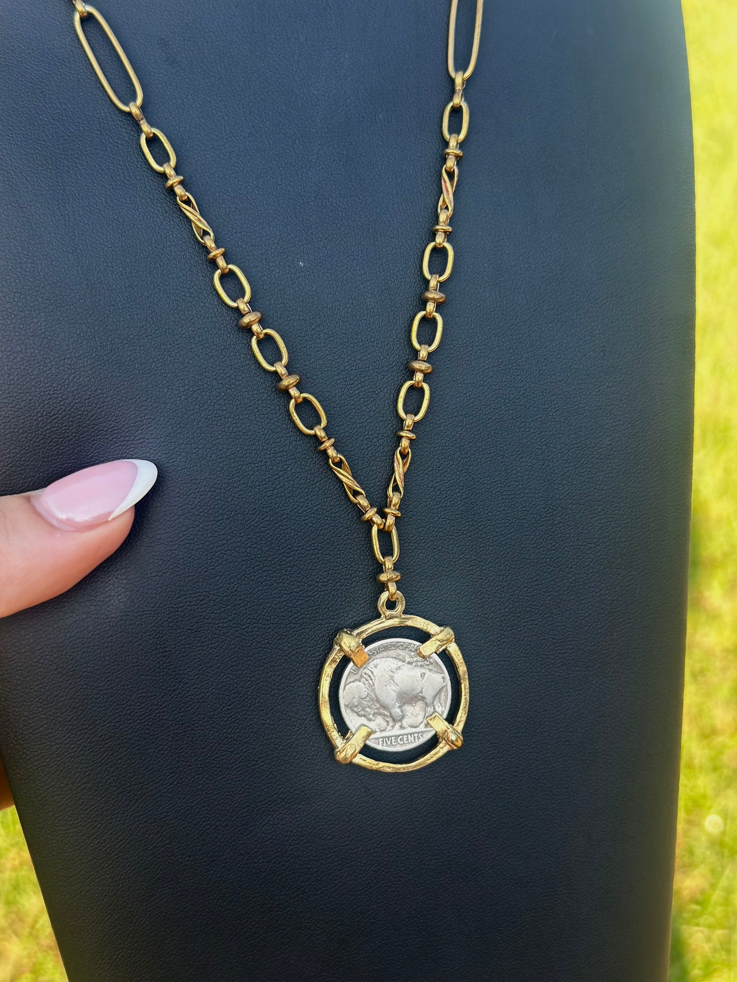 Handmade Brass Real Vintage Buffalo Nickel Coin Necklace