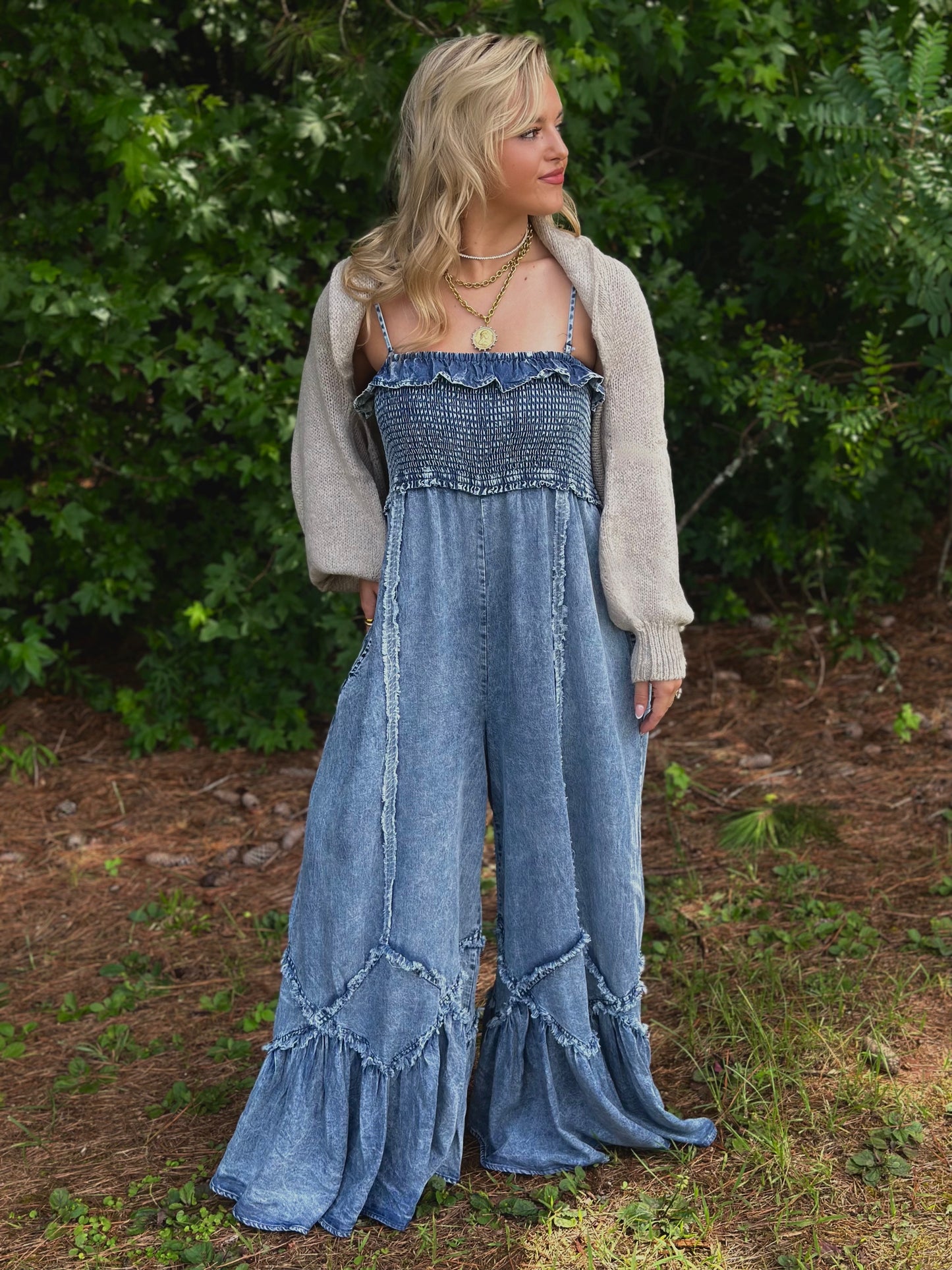 Iris Washed Denim Wide Leg Jumpsuit
