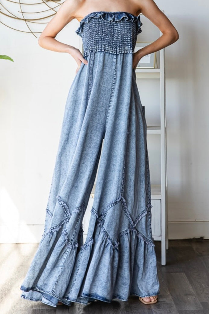Iris Washed Denim Wide Leg Jumpsuit