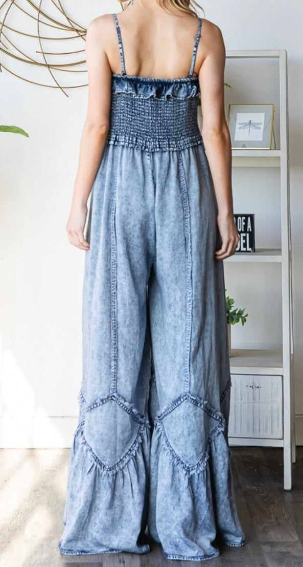 Iris Washed Denim Wide Leg Jumpsuit