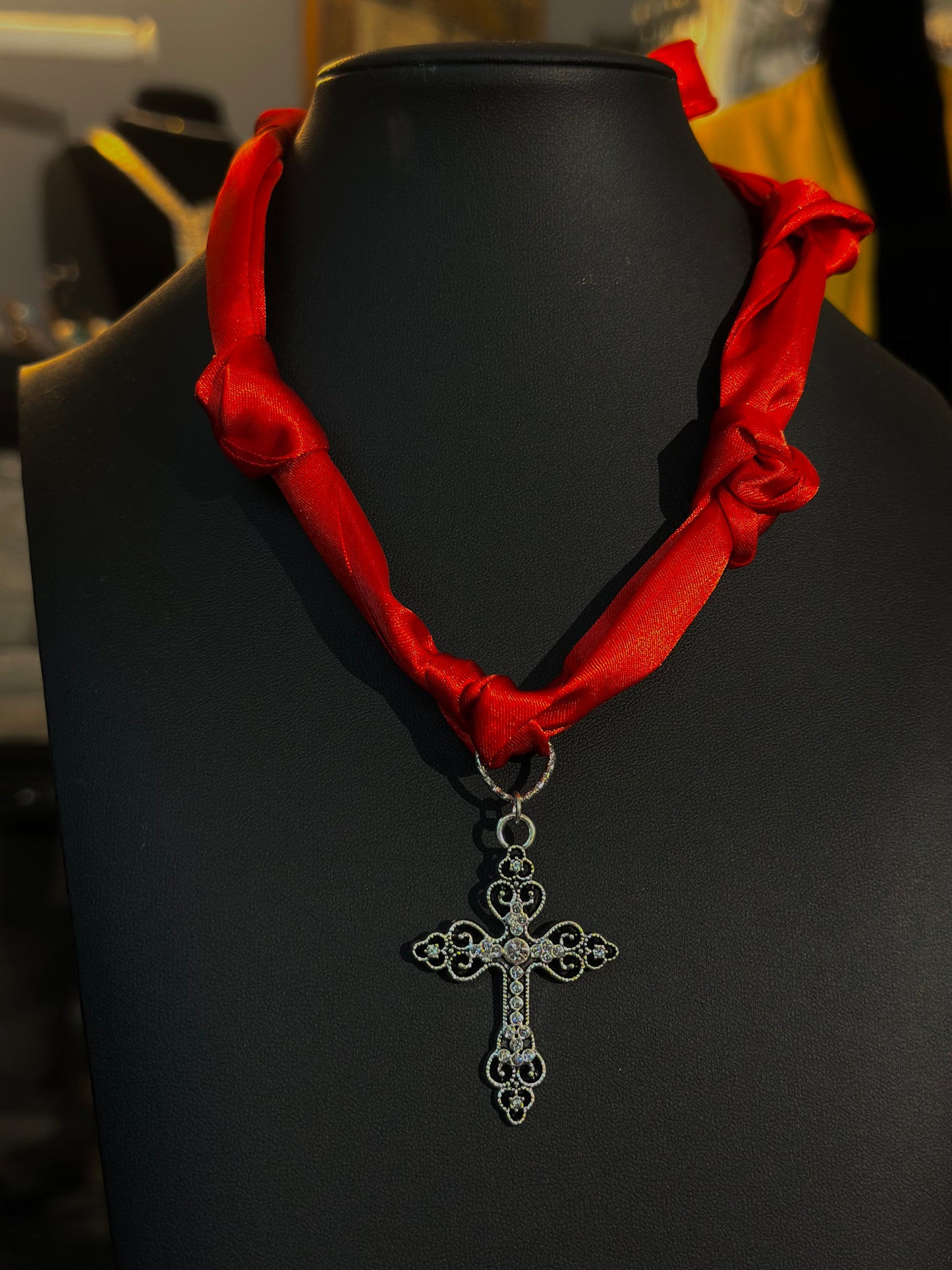 Bright Red Cross Scarf Necklace