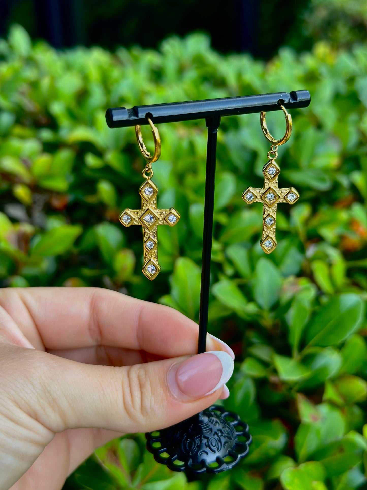 Water Resistant Gold Diamond Cross Earrings