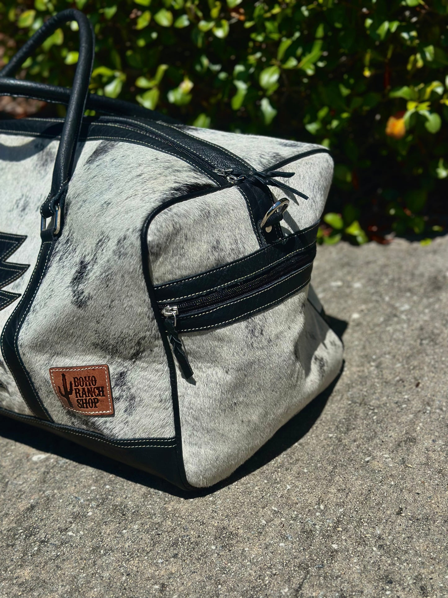 Black and White Aztec Cowhide Duffle Bag