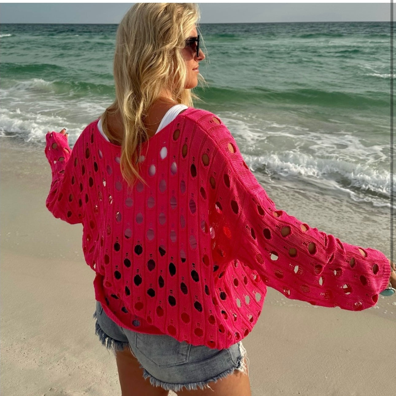 Hollowed Out Pink Knit Top