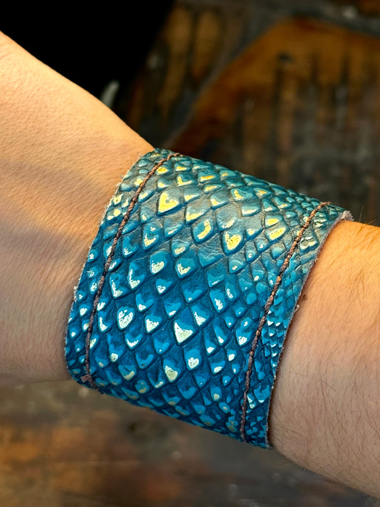 Blue Embossed Leather Bracelet