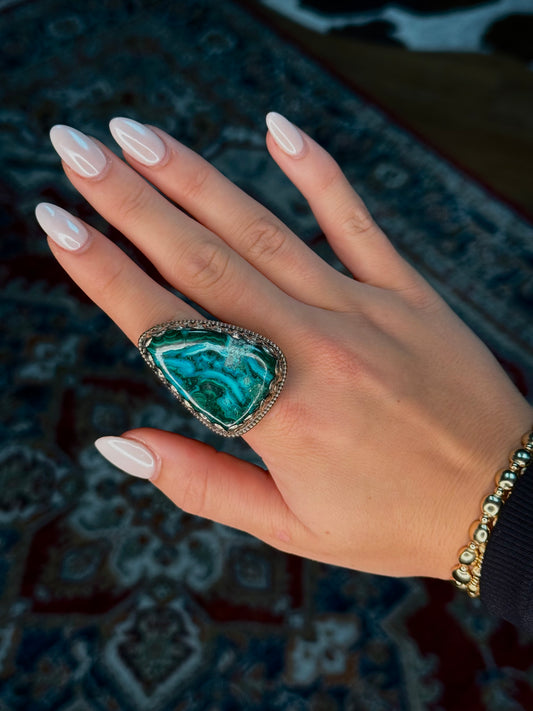 Chrysocolla Malachite Stone Tibetan Silver Adjustable Ring