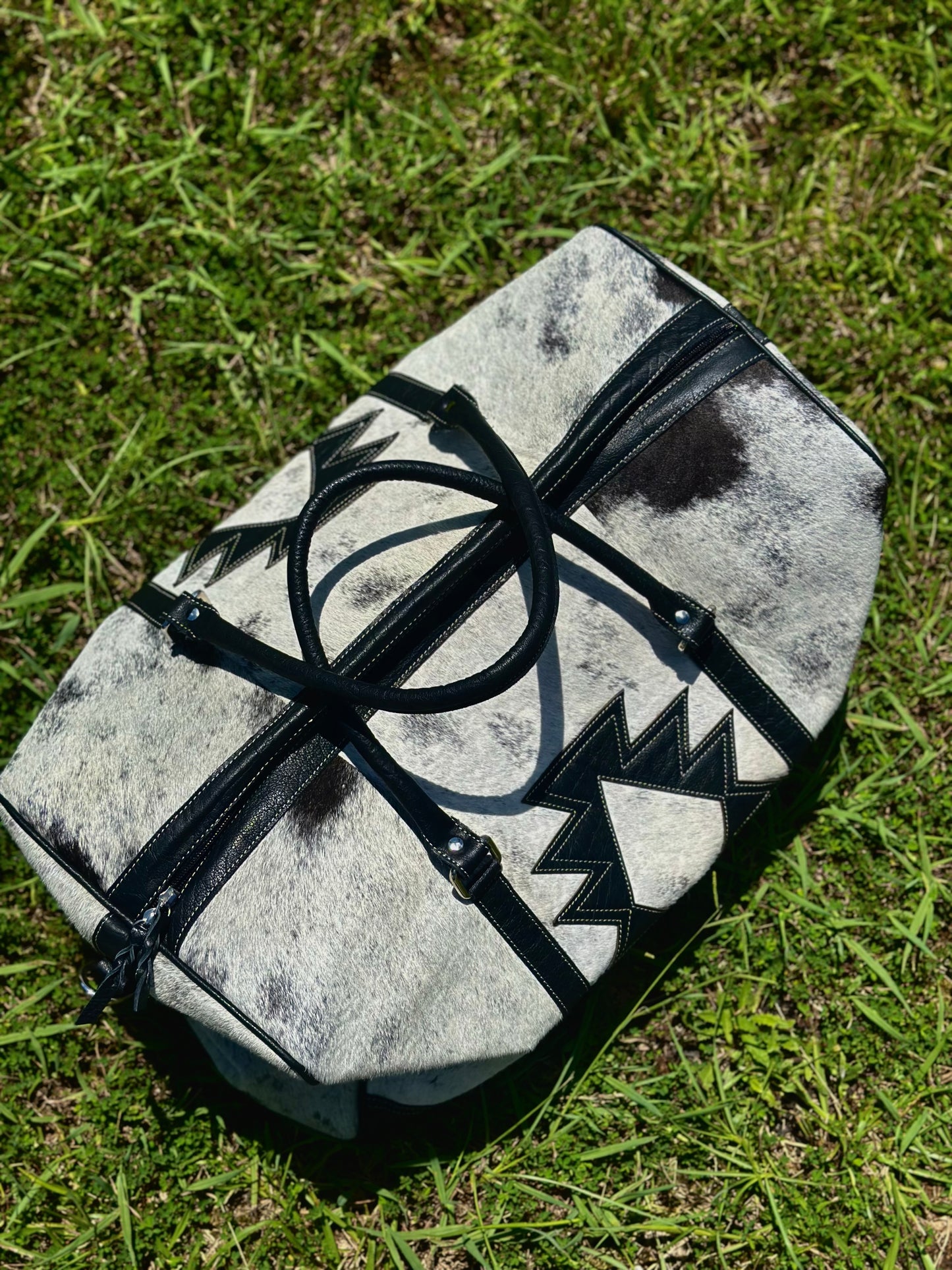 Black and White Aztec Cowhide Duffle Bag