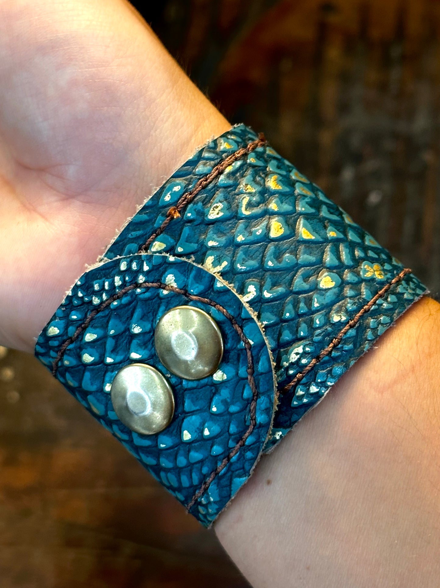 Blue Embossed Leather Bracelet