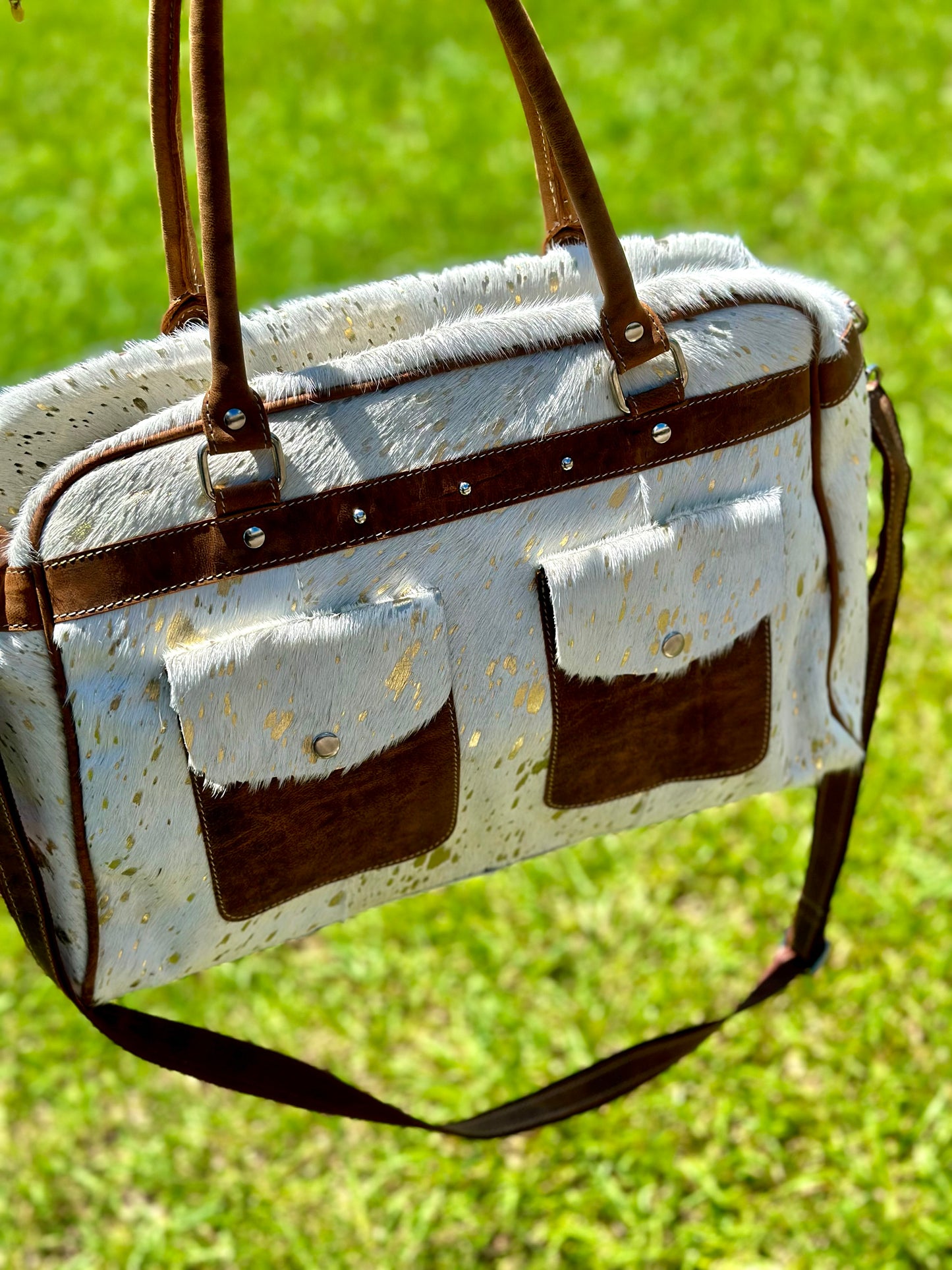 Cowhide and Leather White and Gold Metallic Bag