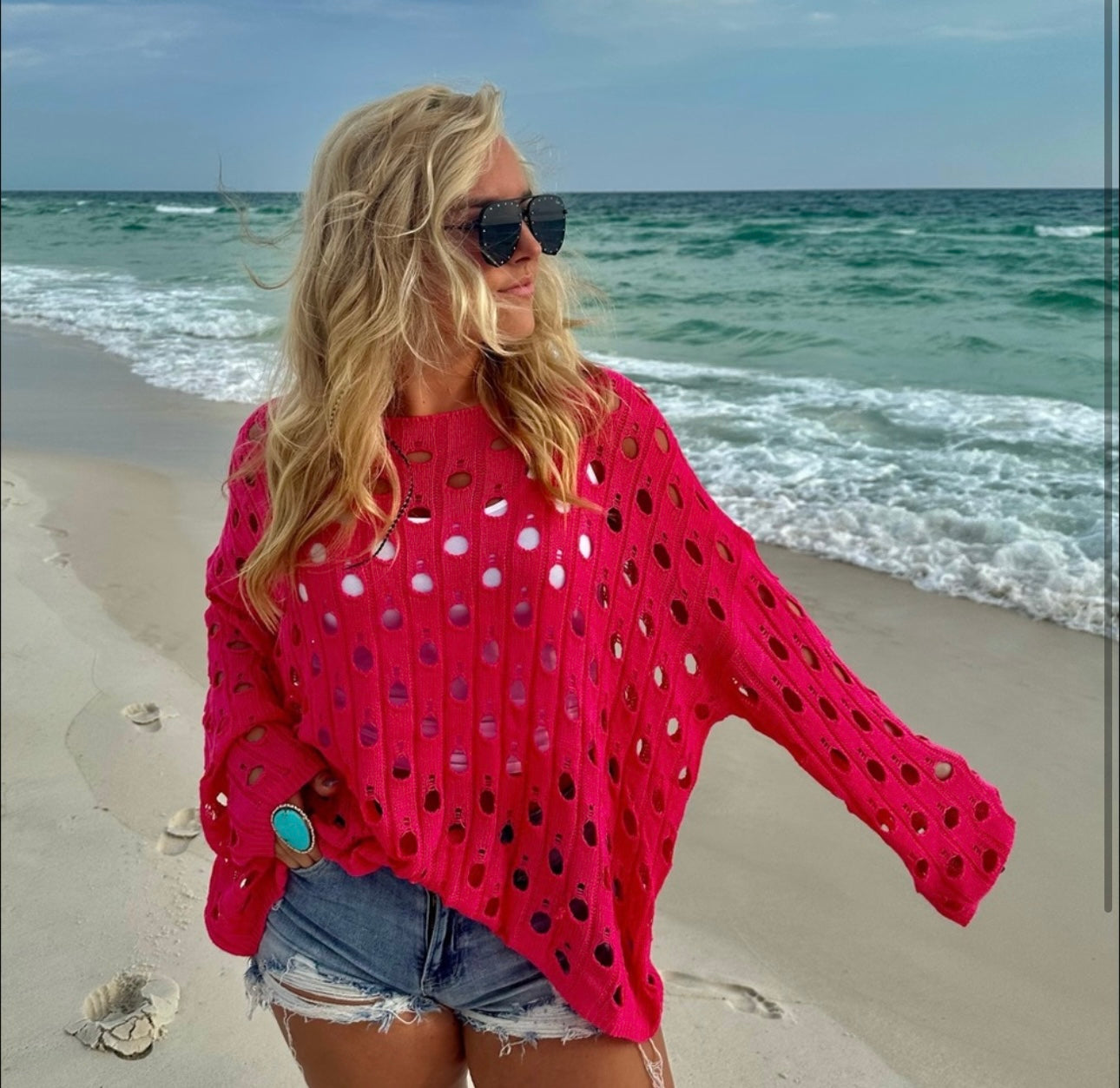 Hollowed Out Pink Knit Top