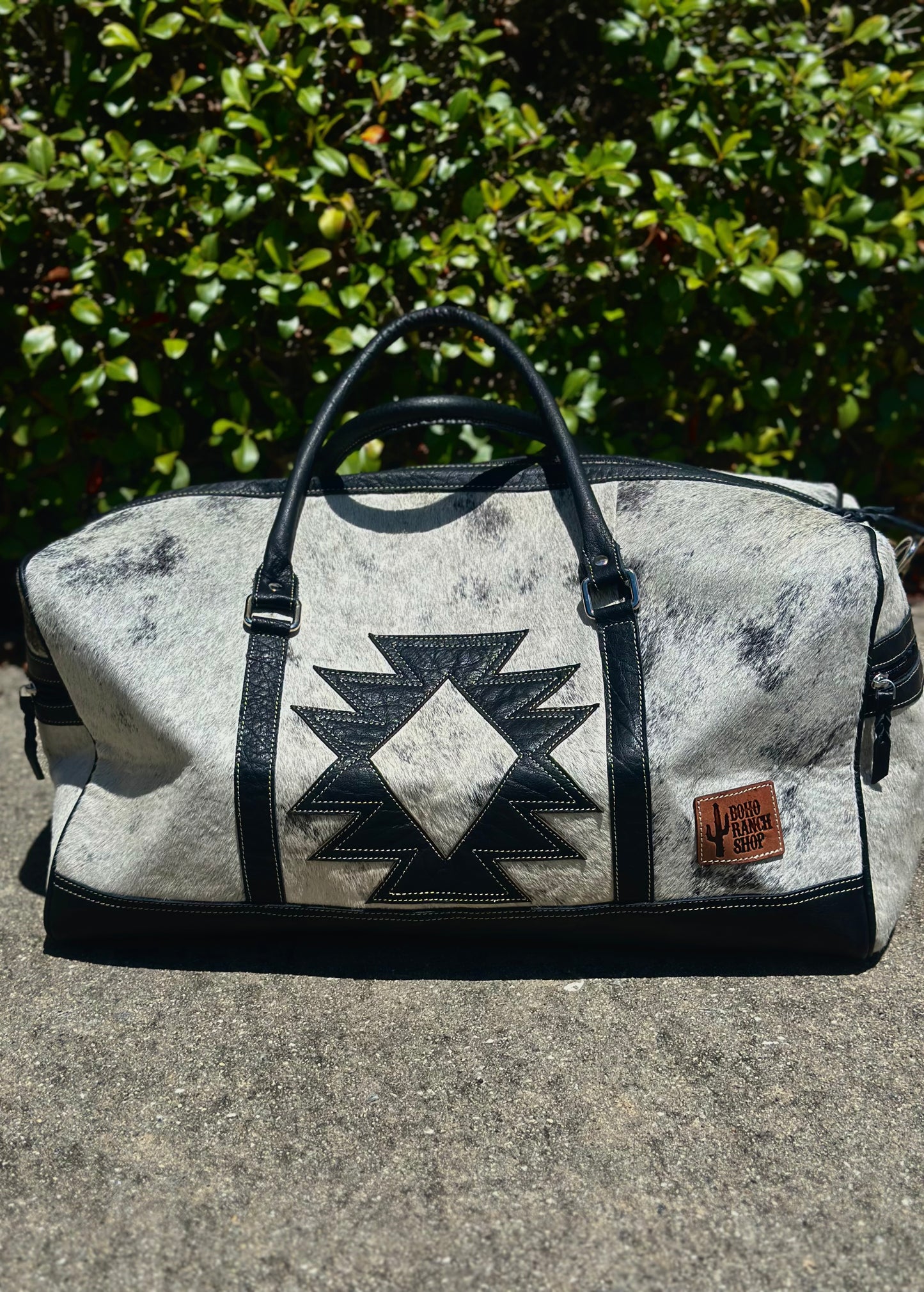 Black and White Aztec Cowhide Duffle Bag