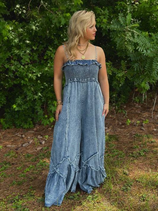 Iris Washed Denim Wide Leg Jumpsuit
