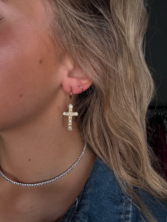 Water Resistant Gold Diamond Cross Earrings