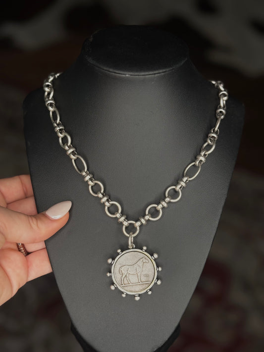 925 Silver Plated Horse Coin Necklace