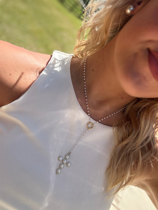 Lariat Pearl Cross Water Resistant Necklace