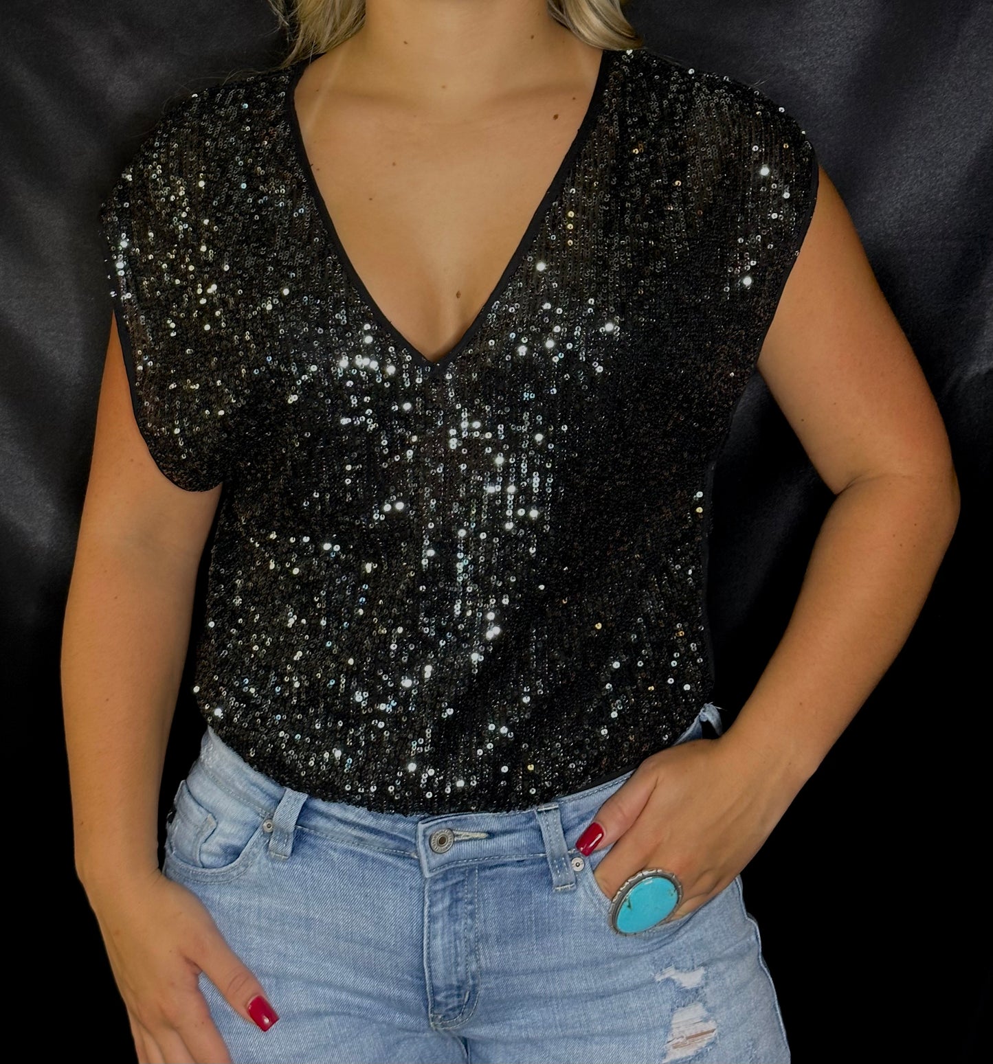 Black Sequin Bodysuit Top